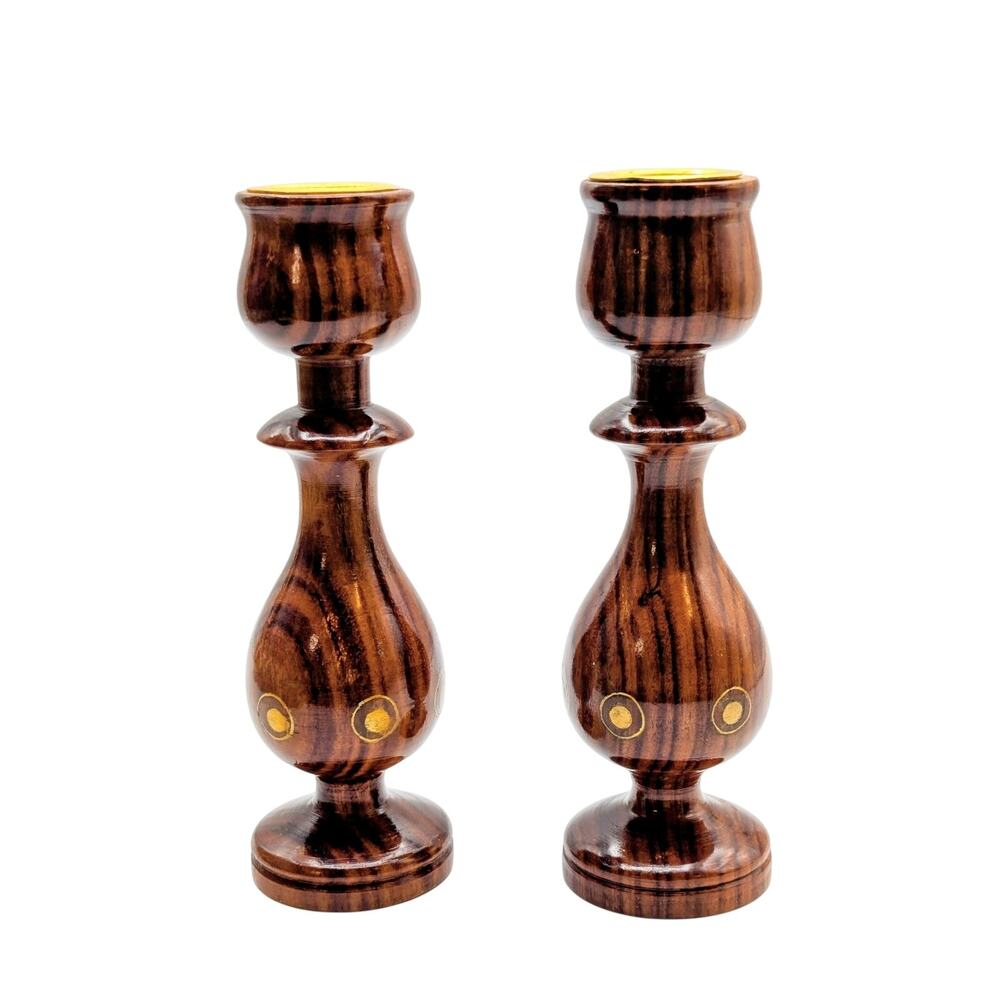 Set of Two Vintage Wood Gold Circle Petite Candle Holders